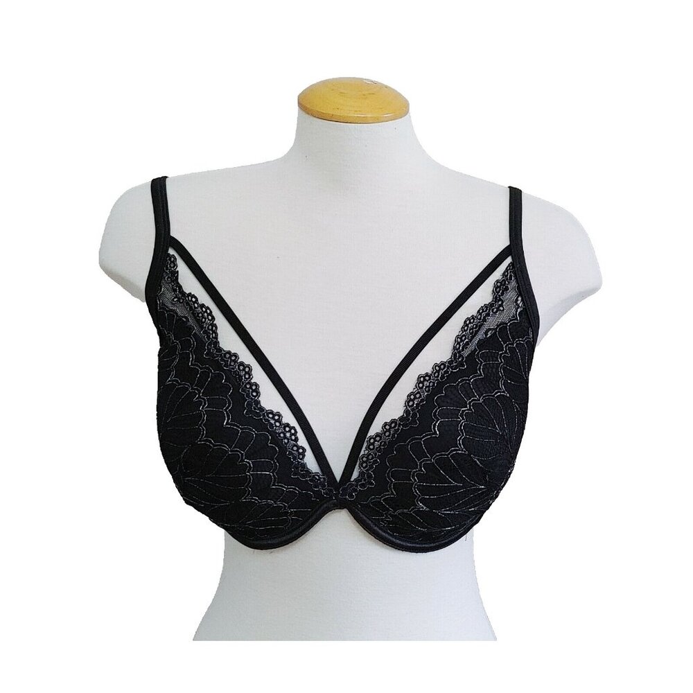 Iris & Lilly Black Underwire Cage Bra Size US 36DD w/silver Floral Overlay